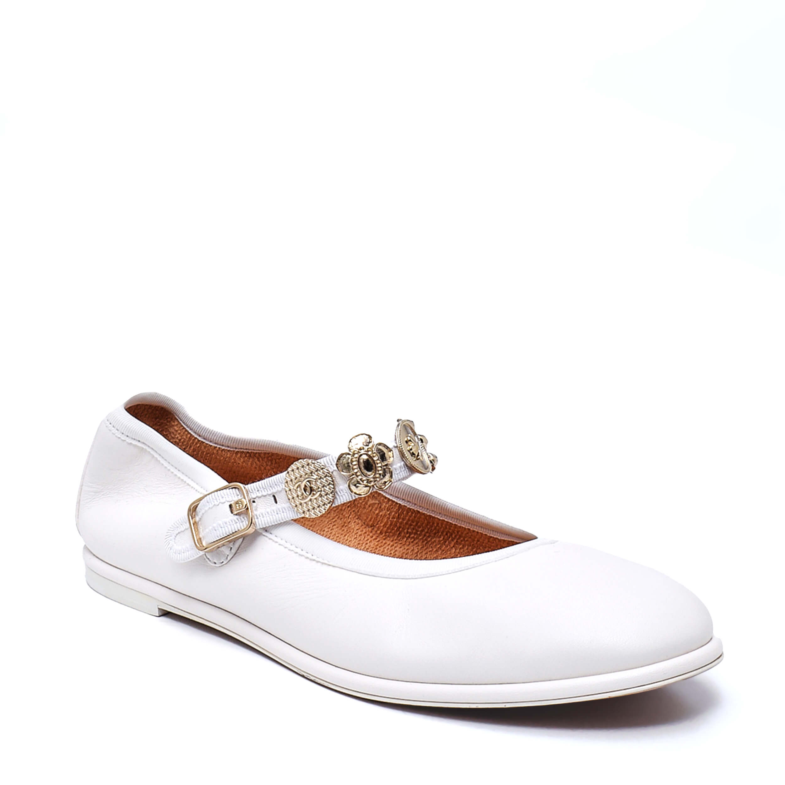 Chanel - Metiers White Leather Mary Jane Flats Shoes / 40 